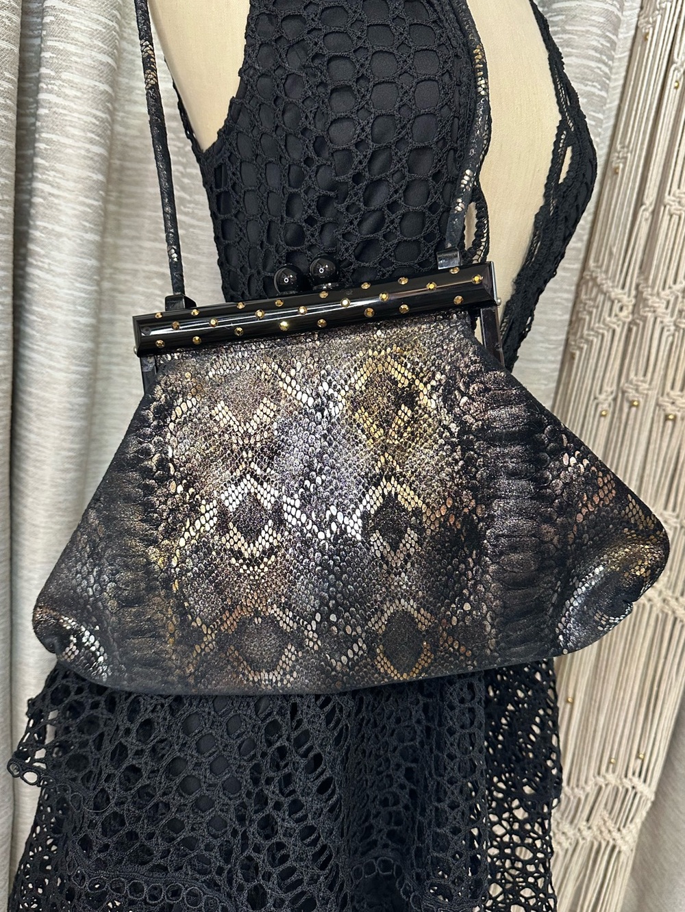 Moulin Rouge Snake Print Frame Bag Studded Shoulder Purse Vintage Style